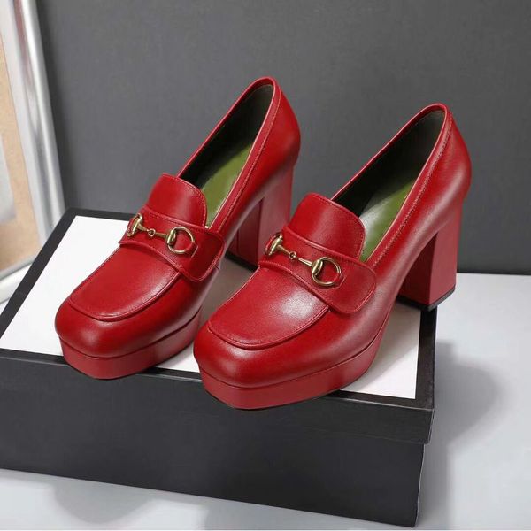 

8 cm women's high heels elegant Designers lady Dress shoes Red Black Brown Thick high-heels rubber sole shoe with Metal soft leather