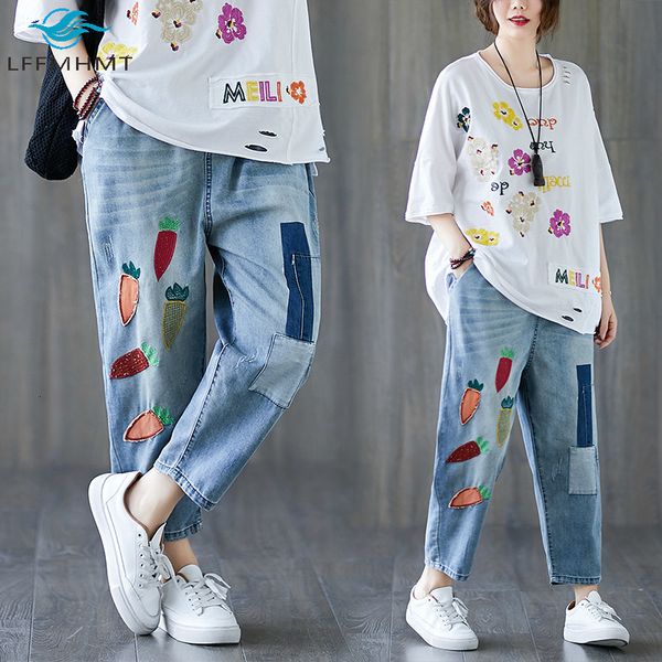 2021 new women large size casual ankle length office lady carrot embroidery beggar denim female fall cute trouser d29k, Blue 
2021 new women large size casual ankle length office lady carrot embroidery beggar denim female fall cute trouser d29k, Blue