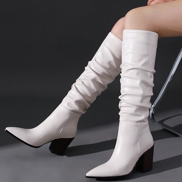 boots pleated women winter pointed toe knee high chunky heels pure color outdoor stylish girl shoes modern, Black
boots pleated women winter pointed toe knee high chunky heels pure color outdoor stylish girl shoes modern, Black