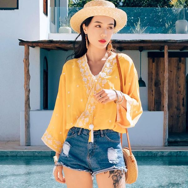 women's blouses & shirts women fashion embroidery blouse three quaters sleeves v-neck loose chiffon shirt for girls, White
women's blouses & shirts women fashion embroidery blouse three quaters sleeves v-neck loose chiffon shirt for girls, White
