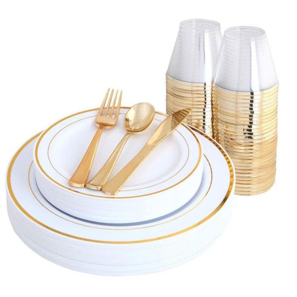 disposable dinnerware 70pcs gold tableware set wedding party plastic knives forks spoons golden dinner plate restaurant
disposable dinnerware 70pcs gold tableware set wedding party plastic knives forks spoons golden dinner plate restaurant