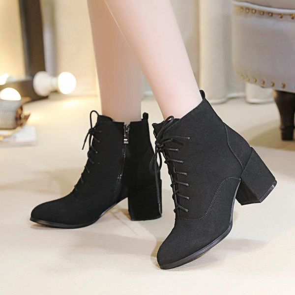 boots women fashion flock autumn winter thick high heel ankle zipper pointed toe woman shoes size 34-43 2021, Black