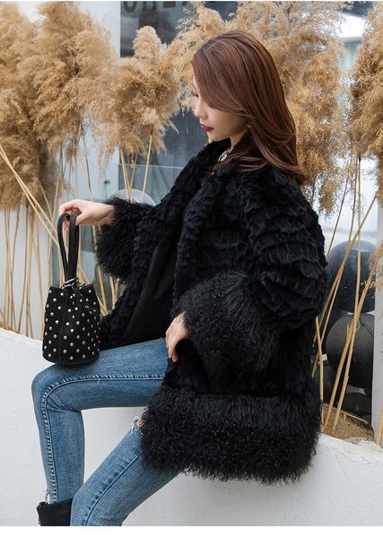 women's fur & faux genuine real natural coat lamb hem and cuff collar fashion jacket lady english 2021, Black
women's fur & faux genuine real natural coat lamb hem and cuff collar fashion jacket lady english 2021, Black
