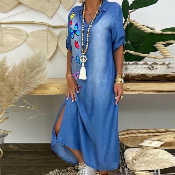 casual dresses summer vintage denim lapel dress butterflies print split robe female v neck half sleeve maxi loose for women 2021, Black;gray
casual dresses summer vintage denim lapel dress butterflies print split robe female v neck half sleeve maxi loose for women 2021, Black;gray