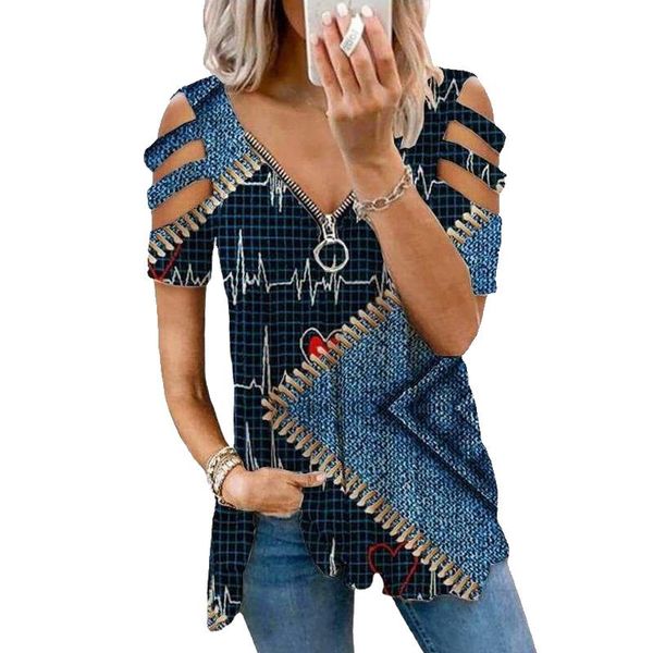 women's t-shirt women casual zipper v collar off shoulder summer hollow-out short sleeve fashion floral print loose tee shirt 2021, White
women's t-shirt women casual zipper v collar off shoulder summer hollow-out short sleeve fashion floral print loose tee shirt 2021, White
