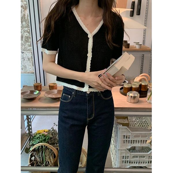 women's knits & tees cropped french style cardigan women vintage contrast trims knitted textured s, White
women's knits & tees cropped french style cardigan women vintage contrast trims knitted textured s, White