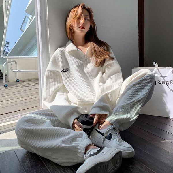 women's two piece pants stsvzorr casual sports suit female spring and autumn wear high street simple fashionable waffle two-piece, White
women's two piece pants stsvzorr casual sports suit female spring and autumn wear high street simple fashionable waffle two-piece, White