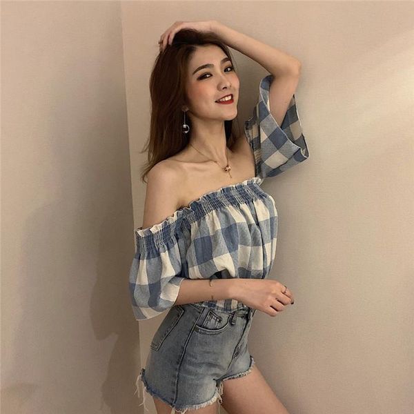 women's blouses & shirts 2021 slash neck plaid shirt blouse female chic high waist slim short, White
women's blouses & shirts 2021 slash neck plaid shirt blouse female chic high waist slim short, White