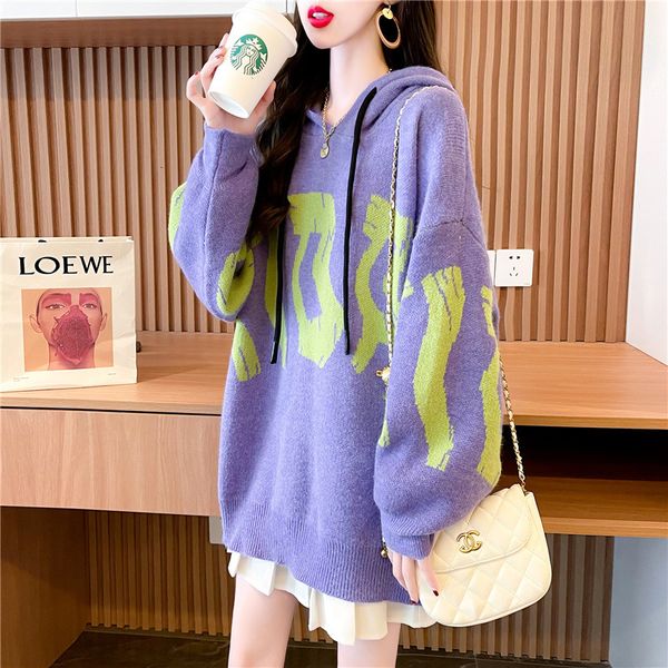 sweater knit meitong autumn korean lazy wind hooded women's 2021 loose jacquard letter medium length top, White;black
sweater knit meitong autumn korean lazy wind hooded women's 2021 loose jacquard letter medium length top, White;black