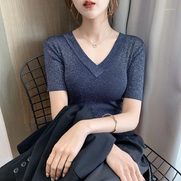 spring summerv-neck bright silk short sleeve sweater women's pullover slim bottoming shirt t-shirt, White
spring summerv-neck bright silk short sleeve sweater women's pullover slim bottoming shirt t-shirt, White