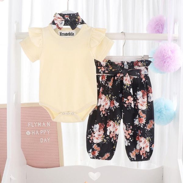 40# newborn baby girls clothing solid ruffle short sleeve romper t-shirts +floral print trousers + hair tie three-piece suit, White
40# newborn baby girls clothing solid ruffle short sleeve romper t-shirts +floral print trousers + hair tie three-piece suit, White
