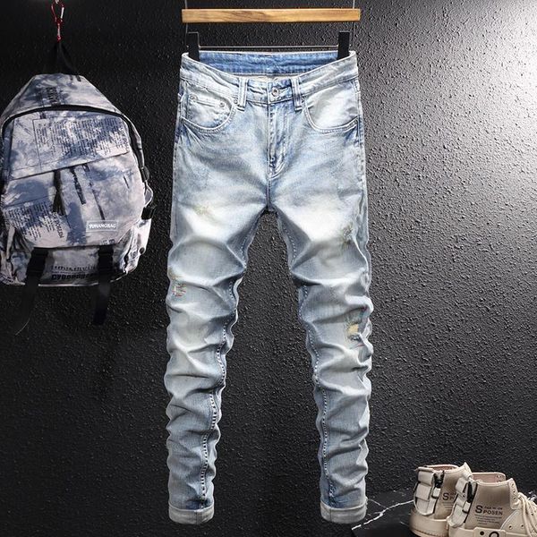 men's jeans korean style fashion men retro light blue elastic slim fit ripped embroidery designer stretch casual denim pants
men's jeans korean style fashion men retro light blue elastic slim fit ripped embroidery designer stretch casual denim pants