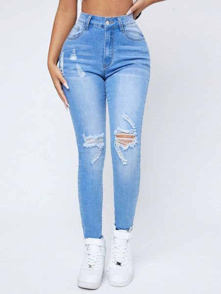 sxy curvy high waist ripped skinny jeans k1le#, Blue