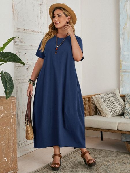 plus solid tunic dress v8ee#, Black