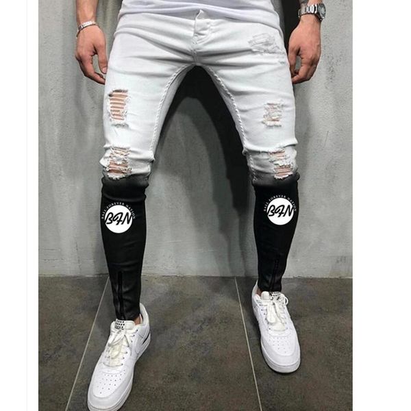 men's jeans fashion white black splicing brand skinny stretch male ripped hole pencil denim trousers slim fit streetwear, Blue
men's jeans fashion white black splicing brand skinny stretch male ripped hole pencil denim trousers slim fit streetwear, Blue