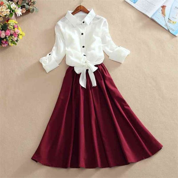 spring summer two piece set women adjust sleeve white chiffon blouse bow tie shirt + long pleated skirt suits 210530
spring summer two piece set women adjust sleeve white chiffon blouse bow tie shirt + long pleated skirt suits 210530