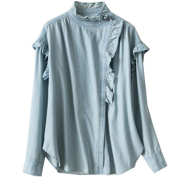 woman light blue denim gossia cotton shirt stand collar ruffled long sleeves buttoned cuffs fashion oversized blouse new 2021, White
woman light blue denim gossia cotton shirt stand collar ruffled long sleeves buttoned cuffs fashion oversized blouse new 2021, White