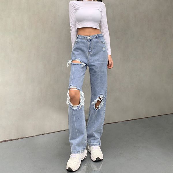 high waist streetwear ripped holes jeans for women 2021 korean style casual straight pants 90s outfits denim trousers, Black;white
high waist streetwear ripped holes jeans for women 2021 korean style casual straight pants 90s outfits denim trousers, Black;white