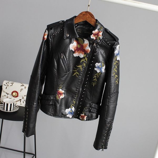 2021 floral autumn embroidered printing fake leather jacket soft turn-down collar casual pu punk outerwear za88, Black
2021 floral autumn embroidered printing fake leather jacket soft turn-down collar casual pu punk outerwear za88, Black