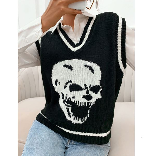 women's sleeveless outer vest spring and autumn skull v-neck knitted halloween sweater, White;black
women's sleeveless outer vest spring and autumn skull v-neck knitted halloween sweater, White;black