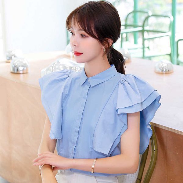 women's knits & tees korean style elegant ladies and blouses summer kawaii turn-down collar ruffle butterfly sleeves button d, White
women's knits & tees korean style elegant ladies and blouses summer kawaii turn-down collar ruffle butterfly sleeves button d, White