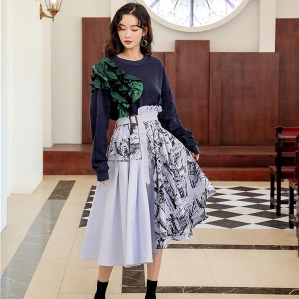 two piece dress 2 suits women design original ruffled cotton loose sweater ink painting oversized skirt irregular set lady, White
two piece dress 2 suits women design original ruffled cotton loose sweater ink painting oversized skirt irregular set lady, White