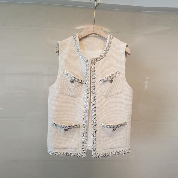 women's vests 2021 beaded sequin inlaid diamond tweed jacket sleeveless pockets slim woolen coat, Black;white
women's vests 2021 beaded sequin inlaid diamond tweed jacket sleeveless pockets slim woolen coat, Black;white