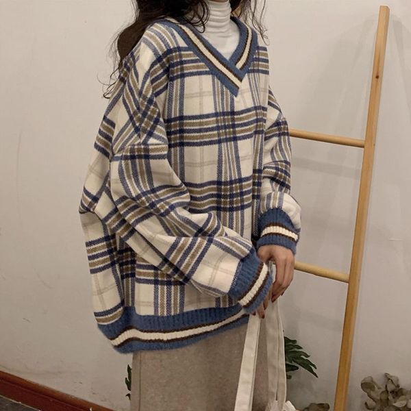 women's sweaters plaid knitted women winter pullovers casual oversized ladies long sleeve jumper korean, White;black
women's sweaters plaid knitted women winter pullovers casual oversized ladies long sleeve jumper korean, White;black