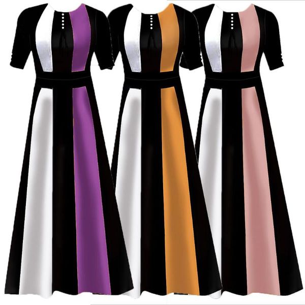 casual dresses fashion patchwork women short sleeve slim long round neck contrast stitching dress elegant party vestidos, Black;gray 
casual dresses fashion patchwork women short sleeve slim long round neck contrast stitching dress elegant party vestidos, Black;gray