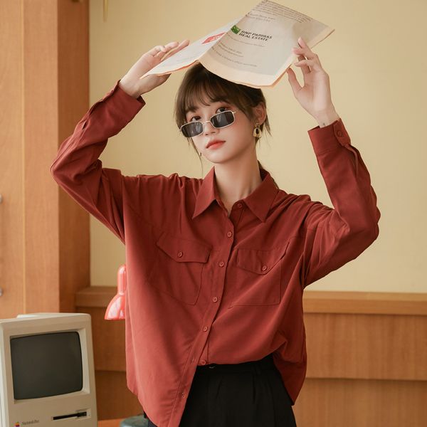 2021 new brick red fall long sleeve women and blouse autumn button up collar loose shirt casual korean style swha, White
2021 new brick red fall long sleeve women and blouse autumn button up collar loose shirt casual korean style swha, White