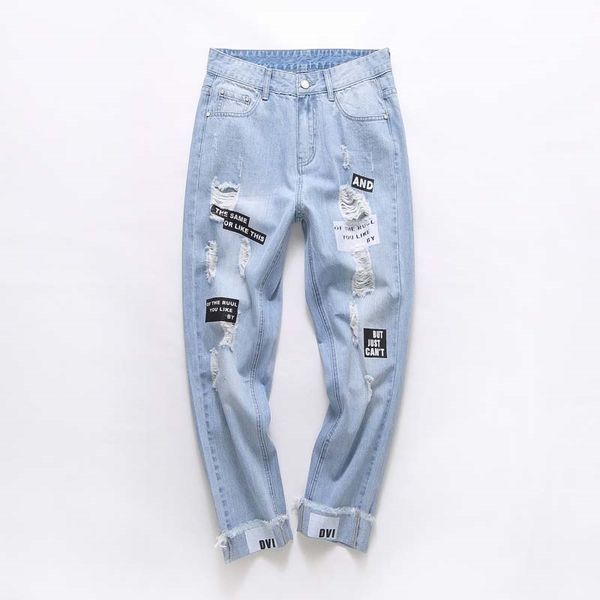 men's jeans female ripped jeans loose spring pants cropped female high waist straight spoc, Blue
men's jeans female ripped jeans loose spring pants cropped female high waist straight spoc, Blue