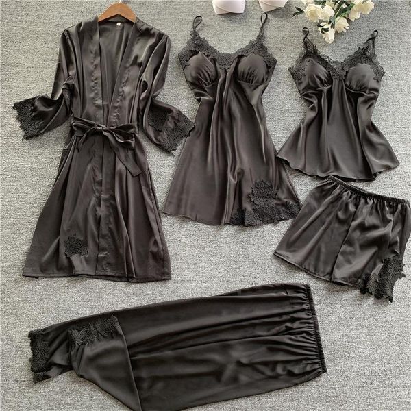 5 pieces women pajamas sets sleepwear silk robe satin lace nightwear pyjama strap sleep lounge pijama bathrobe, Black;red
5 pieces women pajamas sets sleepwear silk robe satin lace nightwear pyjama strap sleep lounge pijama bathrobe, Black;red