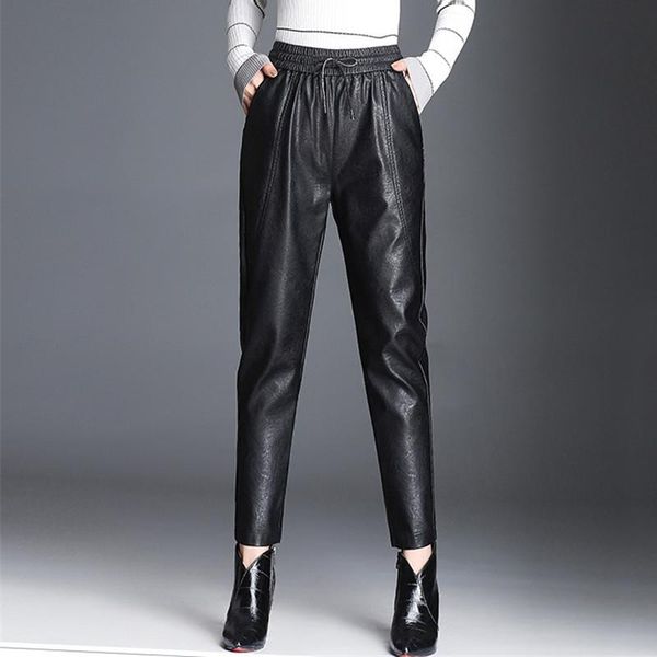 women's pants & capris leather fashion trousers elastic waist pockets streetwear pantalones, Black;white
women's pants & capris leather fashion trousers elastic waist pockets streetwear pantalones, Black;white