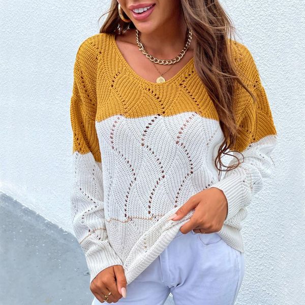 women's sweaters stitching knitted pullover sweater casual loose long-sleeved hollow fashion v-neck streetwear, White;black
women's sweaters stitching knitted pullover sweater casual loose long-sleeved hollow fashion v-neck streetwear, White;black