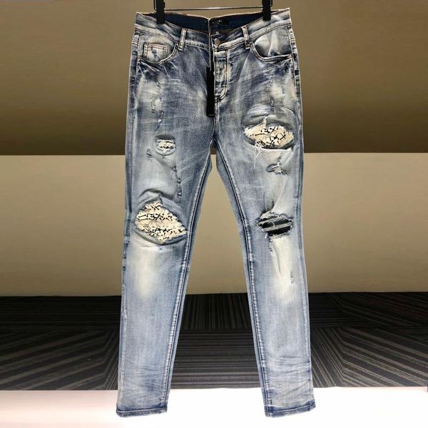 men's jeans fashion street stretch denim motorcycle pants mens skinny knee stitching patchwork spijkerbroeken heren stacked jean, Blue
men's jeans fashion street stretch denim motorcycle pants mens skinny knee stitching patchwork spijkerbroeken heren stacked jean, Blue