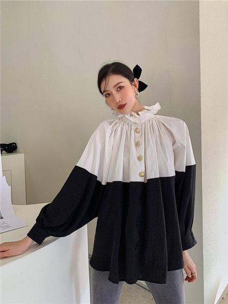 women's jackets shirt lantern sleeve long autumn and winter stand collar loose thin contrast design top, Black;brown
women's jackets shirt lantern sleeve long autumn and winter stand collar loose thin contrast design top, Black;brown