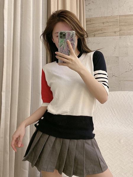 2021 college style t-shirt female bingsi sweater stripe color matching split short sleeve thin bottom, White
2021 college style t-shirt female bingsi sweater stripe color matching split short sleeve thin bottom, White