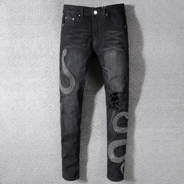 men men's slim patches fit luxury leg style broken embroidery snake trousers design denim cotton jeans fstcr, Black
men men's slim patches fit luxury leg style broken embroidery snake trousers design denim cotton jeans fstcr, Black