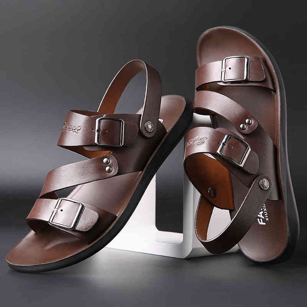 slippers men shoes slip-on genuine cow leather soft beach summer sandals flats flip flop hnne, Black