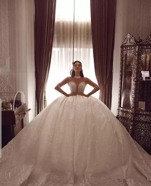 major beading empire princess ball gown wedding dress illusion long sleeves crystal beads high collar monarch train bridal gowns, White
major beading empire princess ball gown wedding dress illusion long sleeves crystal beads high collar monarch train bridal gowns, White