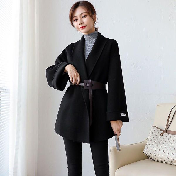 women's wool & blends chic korean style blend coats for women mid length slim large size cloak woolen jackets female elegant vintage ou, Black
women's wool & blends chic korean style blend coats for women mid length slim large size cloak woolen jackets female elegant vintage ou, Black