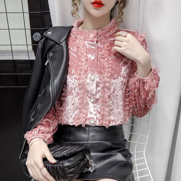 retro gold velvet bottoming autumn womens shirts winter fashion loose long sleeved lace button gauze stitching shirt, White
retro gold velvet bottoming autumn womens shirts winter fashion loose long sleeved lace button gauze stitching shirt, White