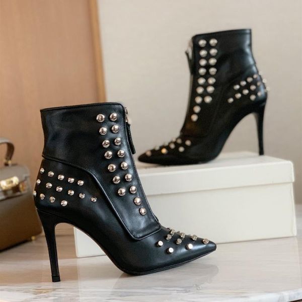 boots autumn motorcycle pointed toe super-high heels rivets vamp genuine leather women's zapatillas mujer designer shoes, Black 
boots autumn motorcycle pointed toe super-high heels rivets vamp genuine leather women's zapatillas mujer designer shoes, Black