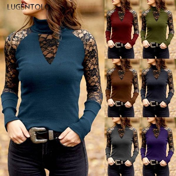 women's t-shirt lugentolo women spring summer slim large size lace half turtleneck splicing long sleeve female casual t-shirts, White
women's t-shirt lugentolo women spring summer slim large size lace half turtleneck splicing long sleeve female casual t-shirts, White