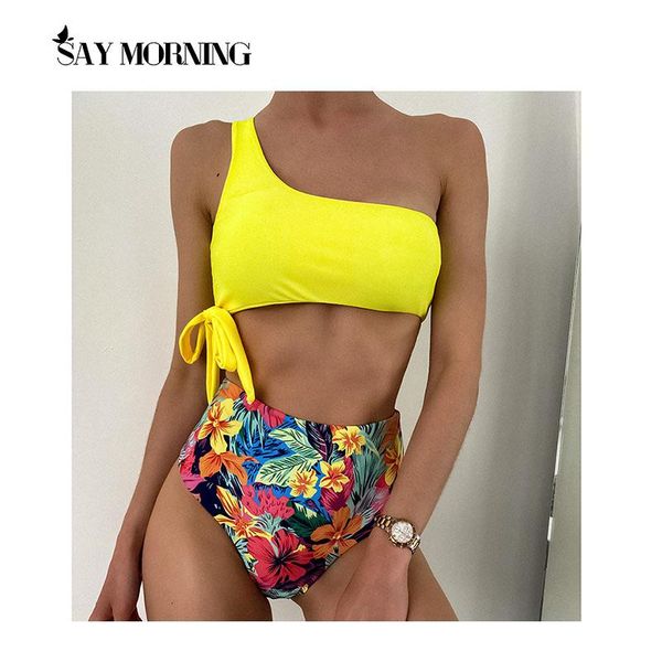 women's swimwear say morning bikinis women 2021 one shoulder high waist swimsuit bandage bathing suits beach wear biquini female, White;black
women's swimwear say morning bikinis women 2021 one shoulder high waist swimsuit bandage bathing suits beach wear biquini female, White;black