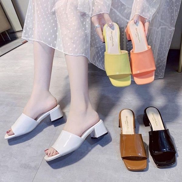 sandals 2021 summer style women's square head patent leather candy one word thick heel middle fashion slippers, Black
sandals 2021 summer style women's square head patent leather candy one word thick heel middle fashion slippers, Black