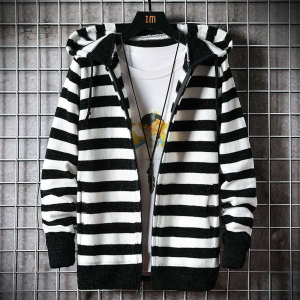 2021knitted cardigan 2020 new winter stripe thickened hooded coat men's wear trend sweater, White;black
2021knitted cardigan 2020 new winter stripe thickened hooded coat men's wear trend sweater, White;black