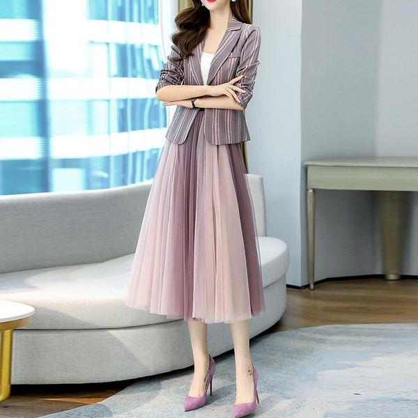 two piece dress women spring autumn 2 set striped blazer high elastic waist tulle mesh pleated skirt office lady jacket suits, White
two piece dress women spring autumn 2 set striped blazer high elastic waist tulle mesh pleated skirt office lady jacket suits, White