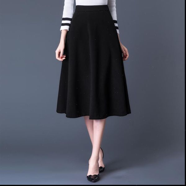 plus size 2020 high waist thicken mid skirts womens autumn winter a line pockets office lady elegant retro wool skirt black