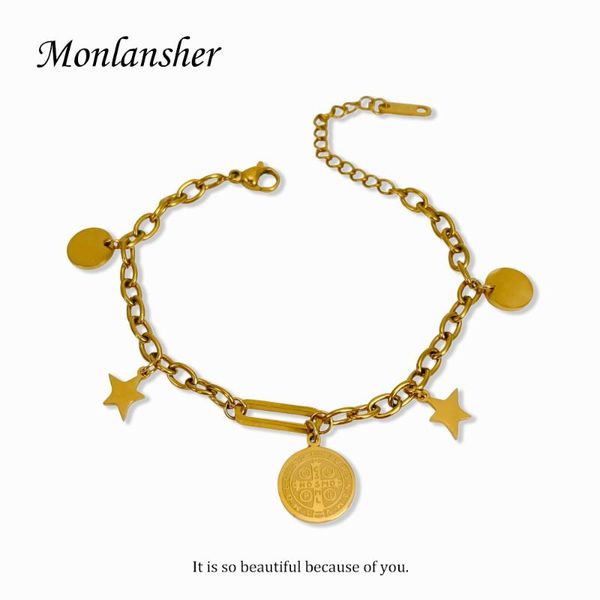 link, chain monlansher round star pendant bracelet gold color titanium steel chunky link bracelets for women trendy jewelry, Black
link, chain monlansher round star pendant bracelet gold color titanium steel chunky link bracelets for women trendy jewelry, Black